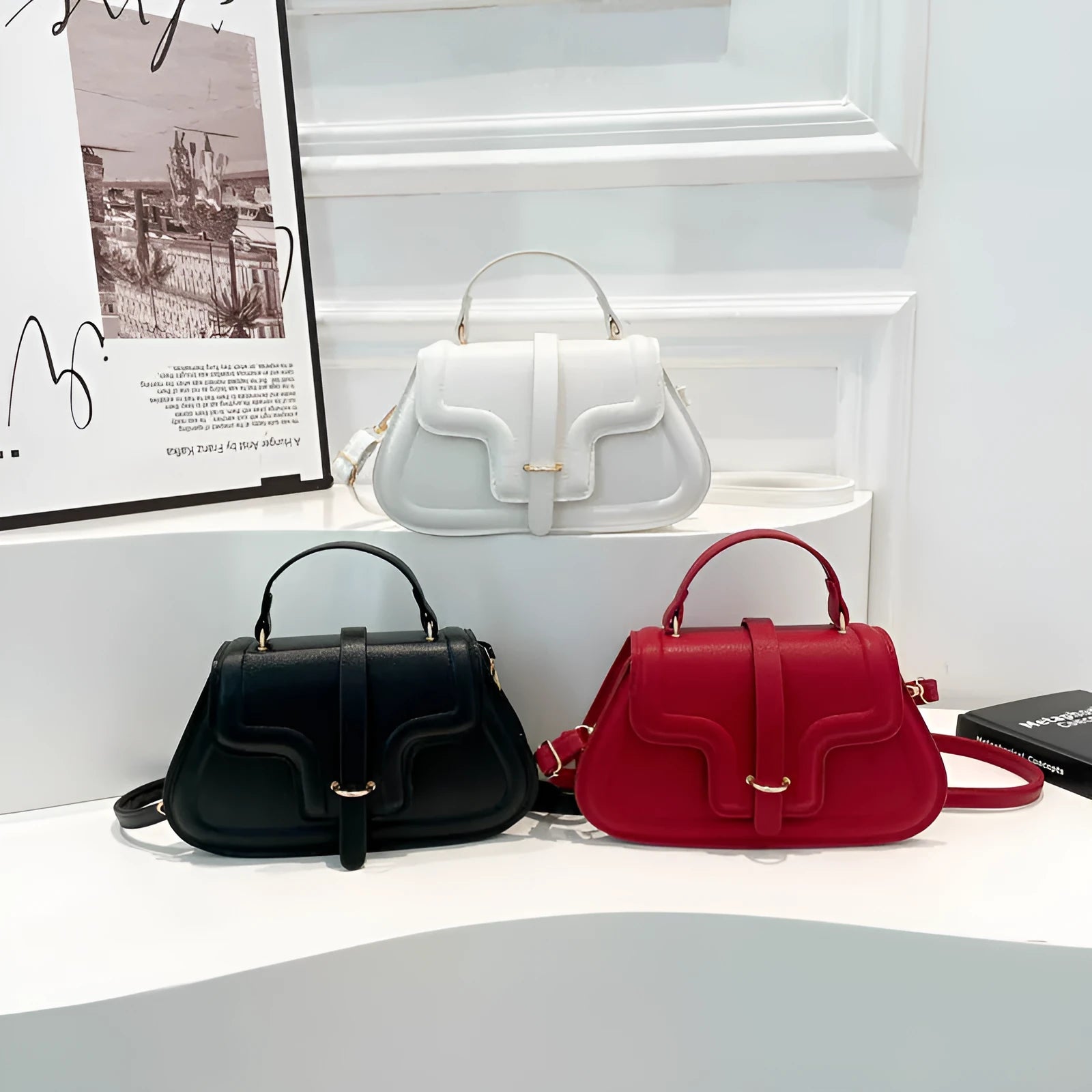PU leather horizontal square casual handbag with stitching detail in black