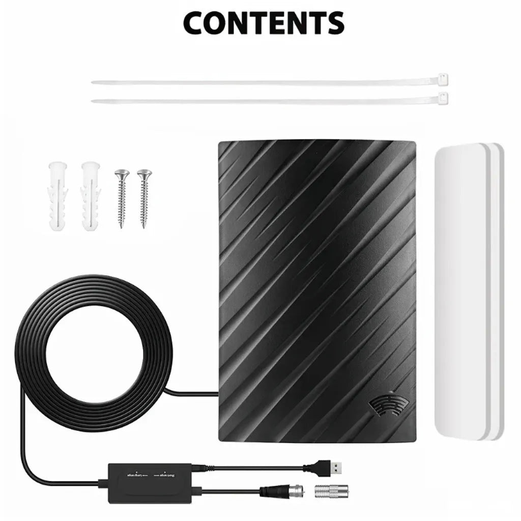 Black plastic Home HD Mode digital television antenna with mounting hardware.