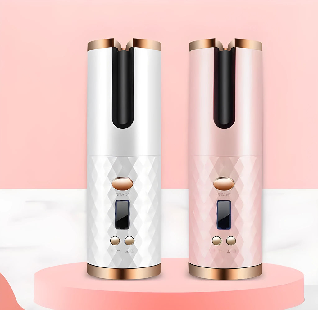 White portable automatic curling iron with USB charging cable and gold ceramic curling barrel.