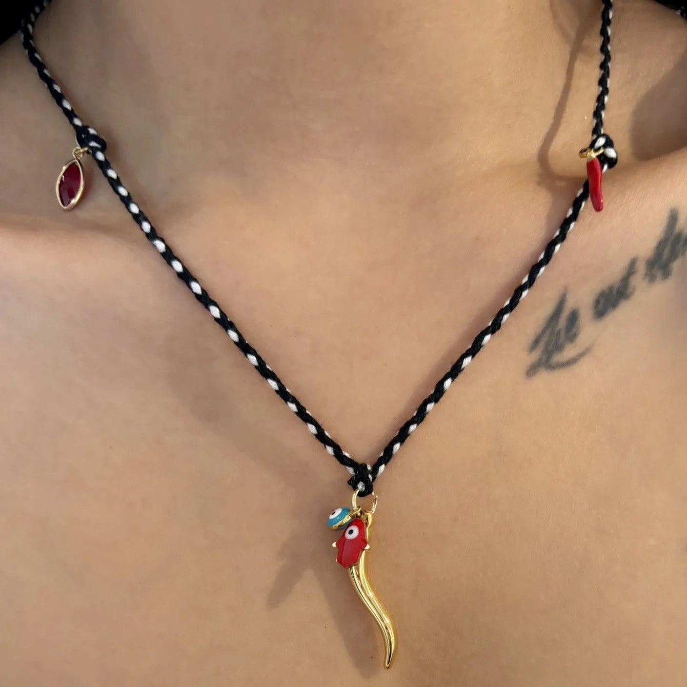 Copper geometry pendant necklace for men with star and eye motifs in blue colour on regular chain