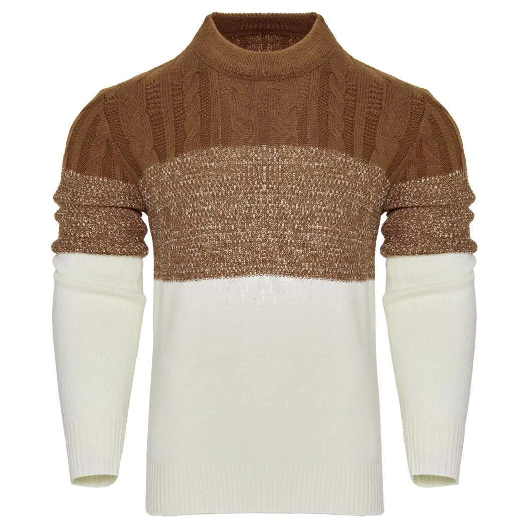 Men's grey cable-knit long sleeve pullover sweater on a hanger