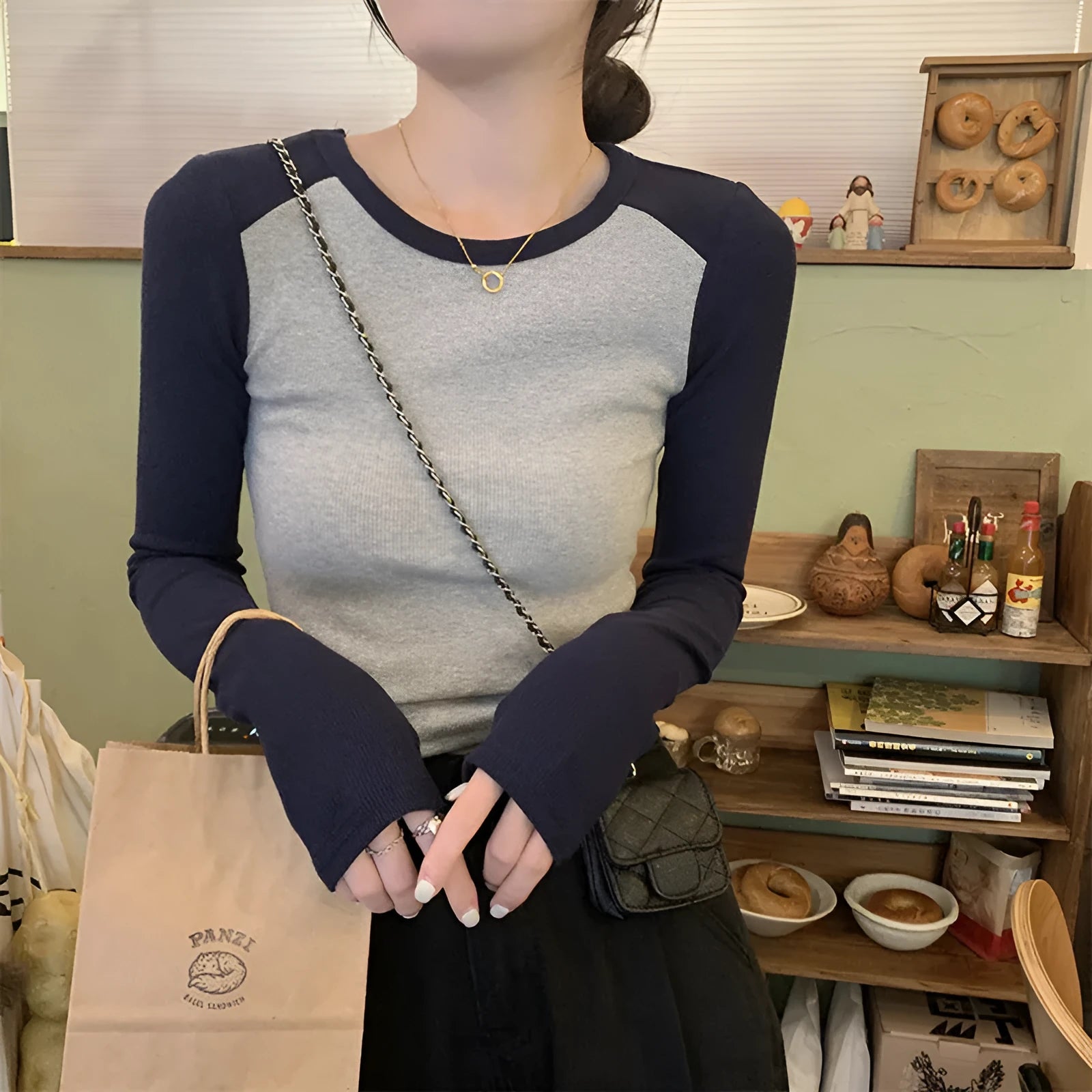 Women's dark blue viscose top with princess sleeves and embroidery detailing