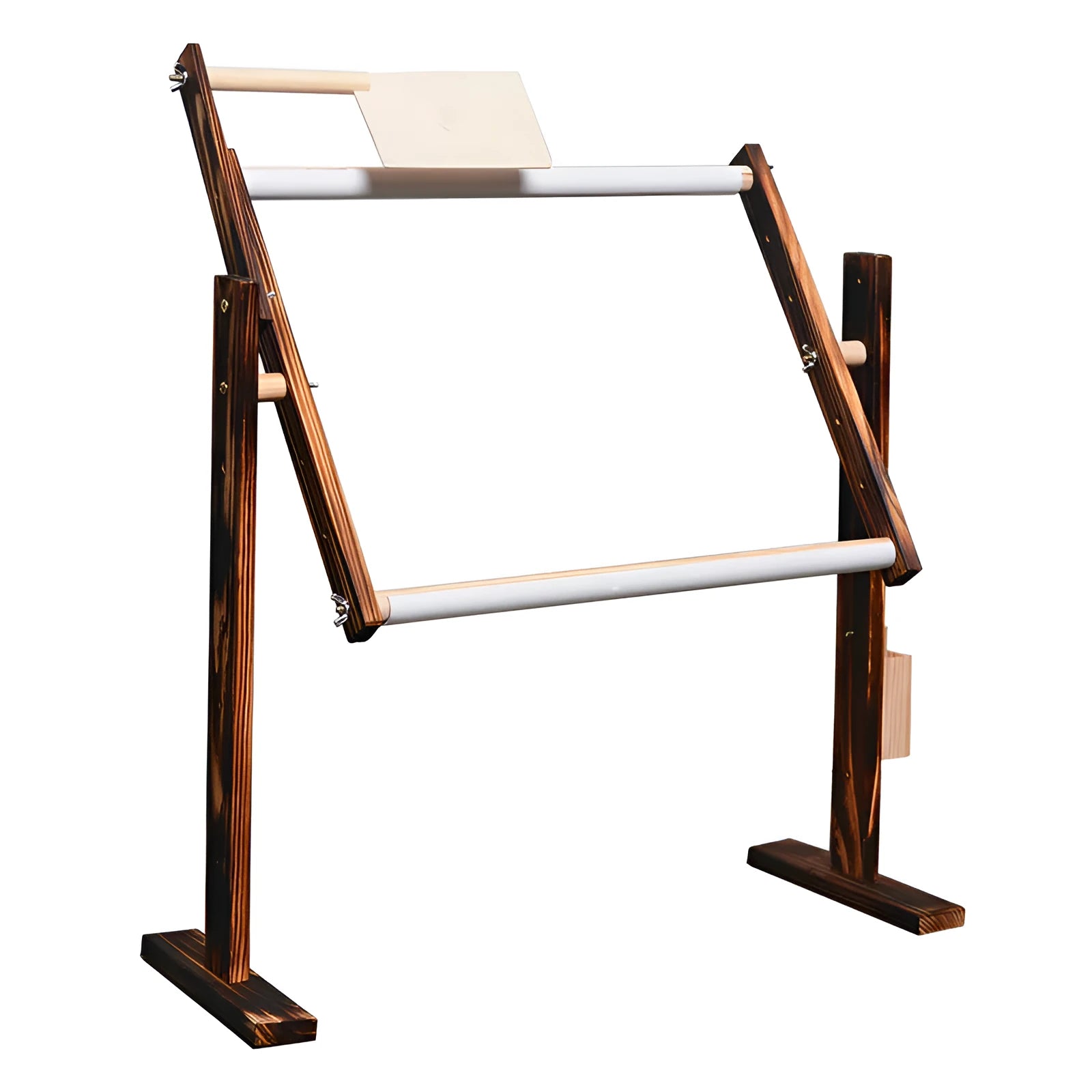 Solid pine wood vertical embroidery frame with height adjustment mechanism on a desktop
