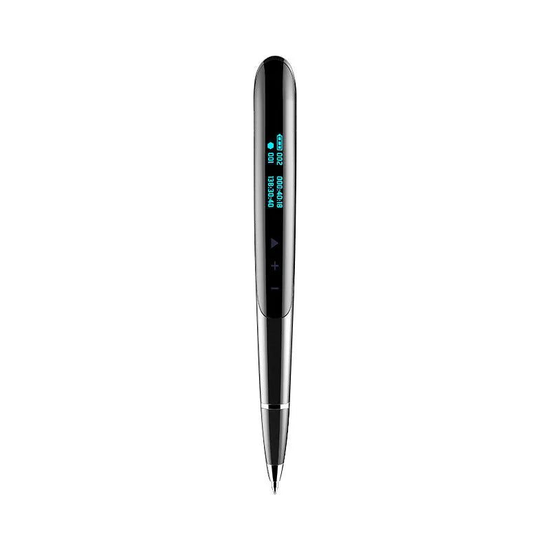 Black lossless recording pen with OLED display screen showing recording information