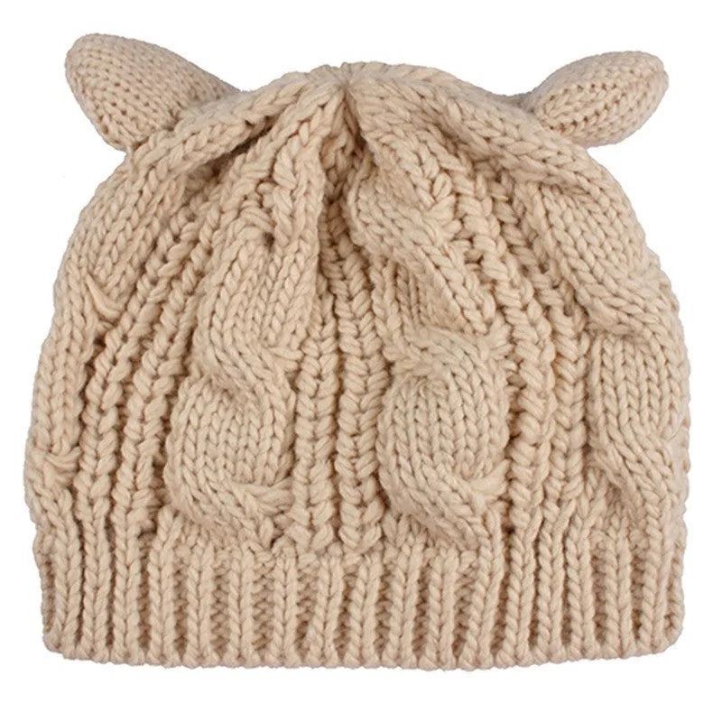 Hand-knitted wool beanie with 3D cat ears in multiple colour options
