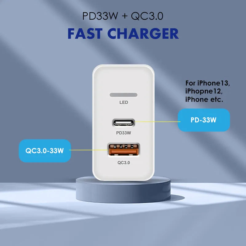 PD48W fast travel charger with UK three-pin plug in black or white colour, showing type-C USB port
