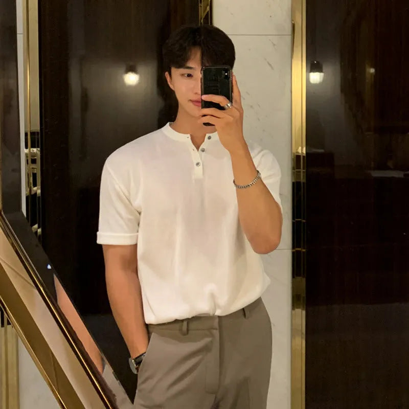 Men's black short-sleeved slim-fit knitted shirt made from polyvinyl alcohol fibre fabric