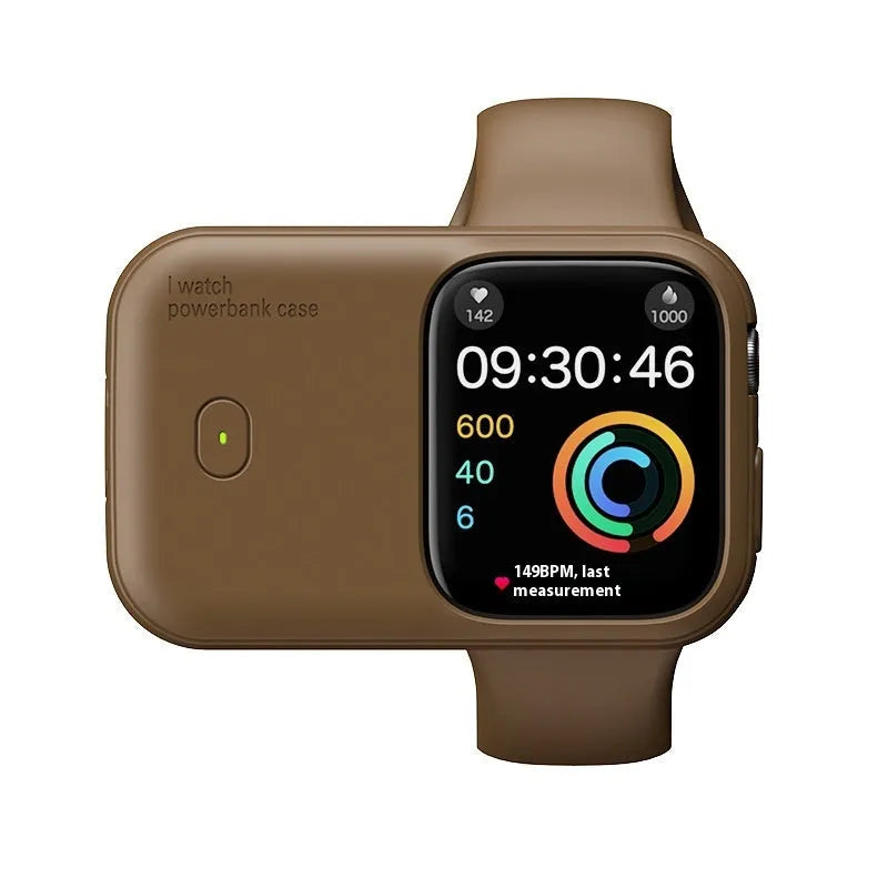 Portable wireless charging case for Apple Watch in brown, midnight blue, and starlight colours.