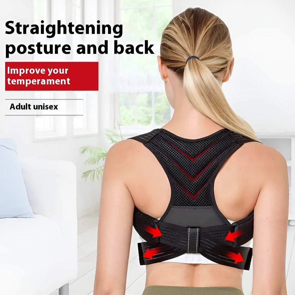 Black adjustable anti-humpback posture correction belt shown on model