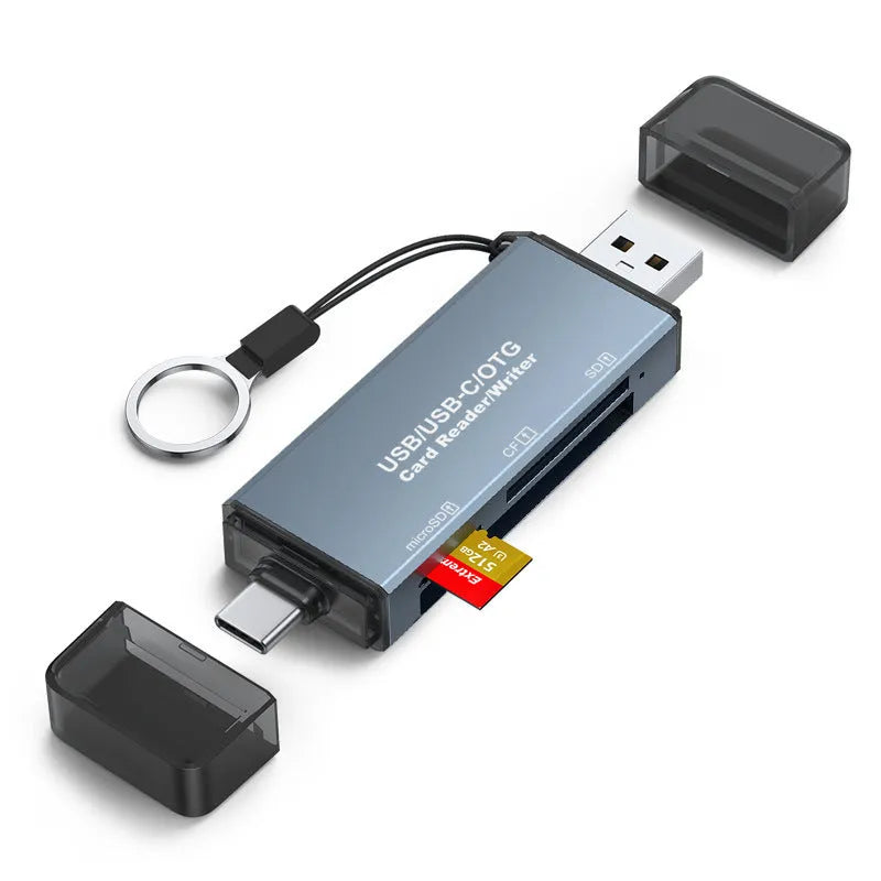 CF SD TF three-in-one card reader with USB 2.0 and TYPE-C interfaces in aluminium alloy casing
