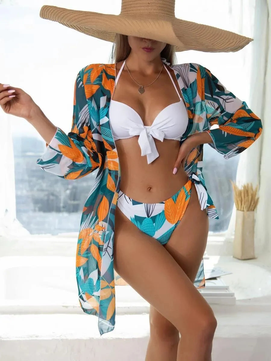 Women's three-piece mesh split bikini swimsuit in polyester fabric with top, pants and coat