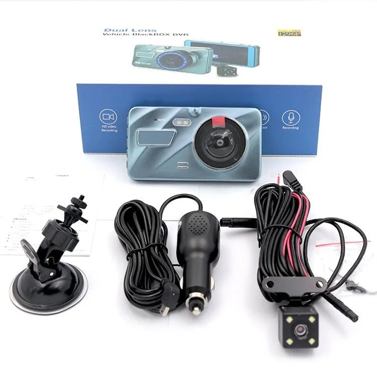 4-inch IPS screen dash cam with zinc alloy body and dual 1080P lens for front and rear recording
