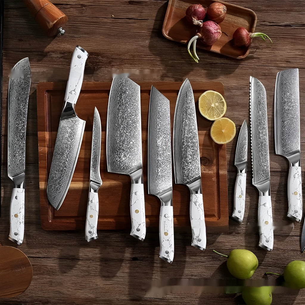 Damascus pattern chef's knife with VG10 steel blade and modern handle on a kitchen counter.