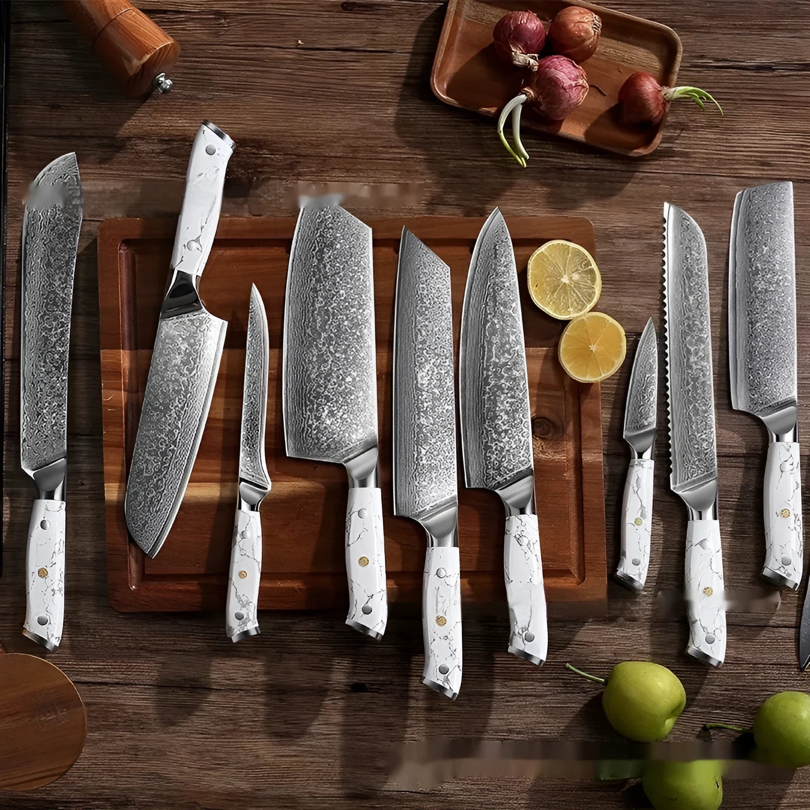 Damascus pattern chef's knife with VG10 steel blade and modern handle on a kitchen counter.