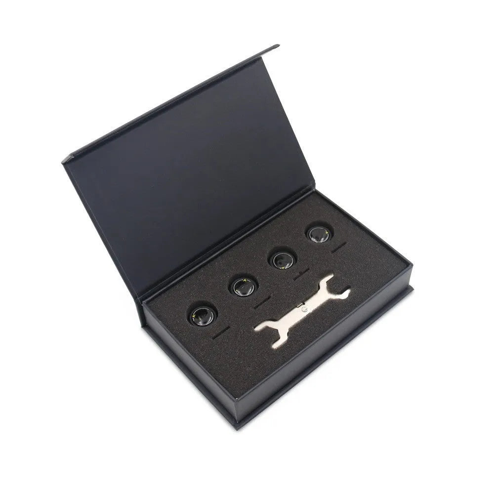 Black Bluetooth tyre pressure monitor sensors with wrench and anti-theft screws for vehicle safety