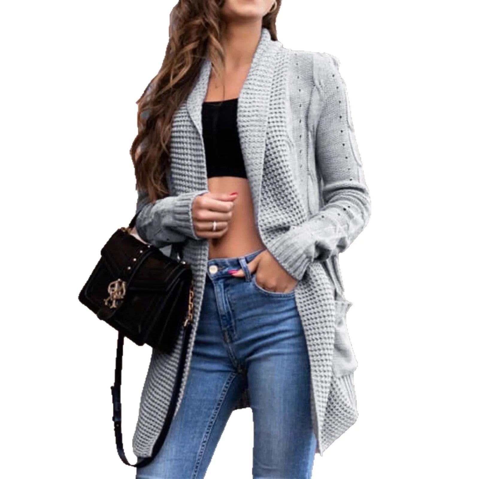 Grey thick women's loose-fit cardigan coat with long sleeves and pockets on a hanger.