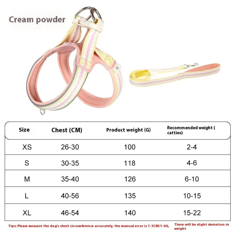Lightweight polyester dog harness and hand-holding traction rope in sea salt yellow colour on a small dog.