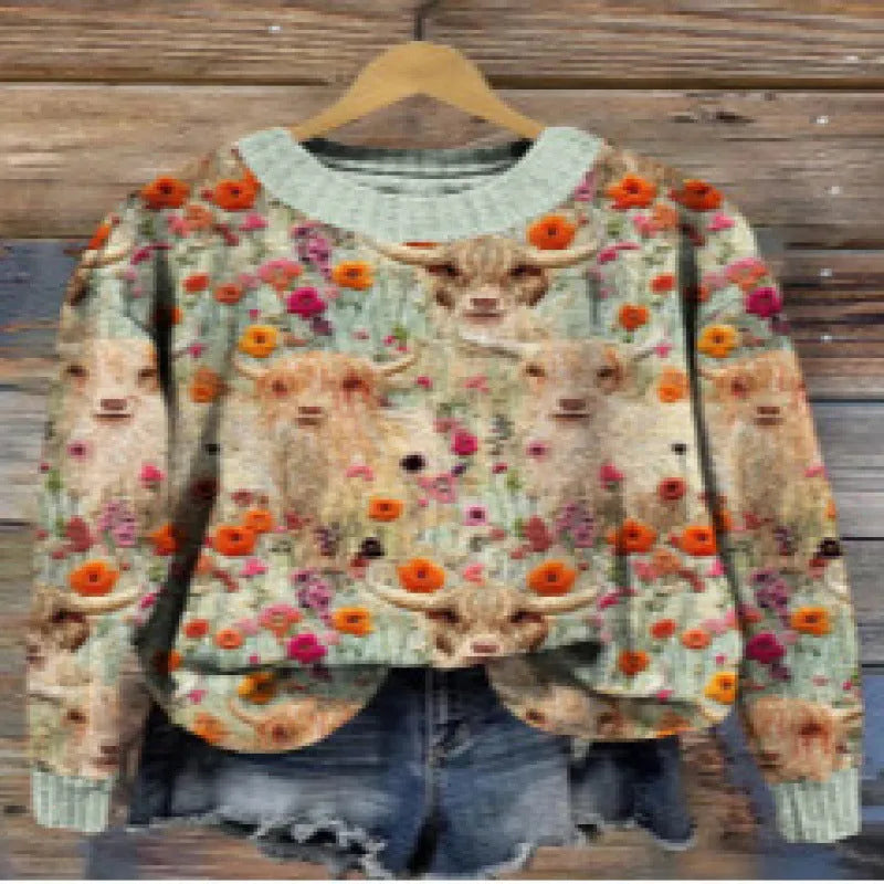 Little Flower digital printed round neck sweater in a floral pattern on a polyester fabric.