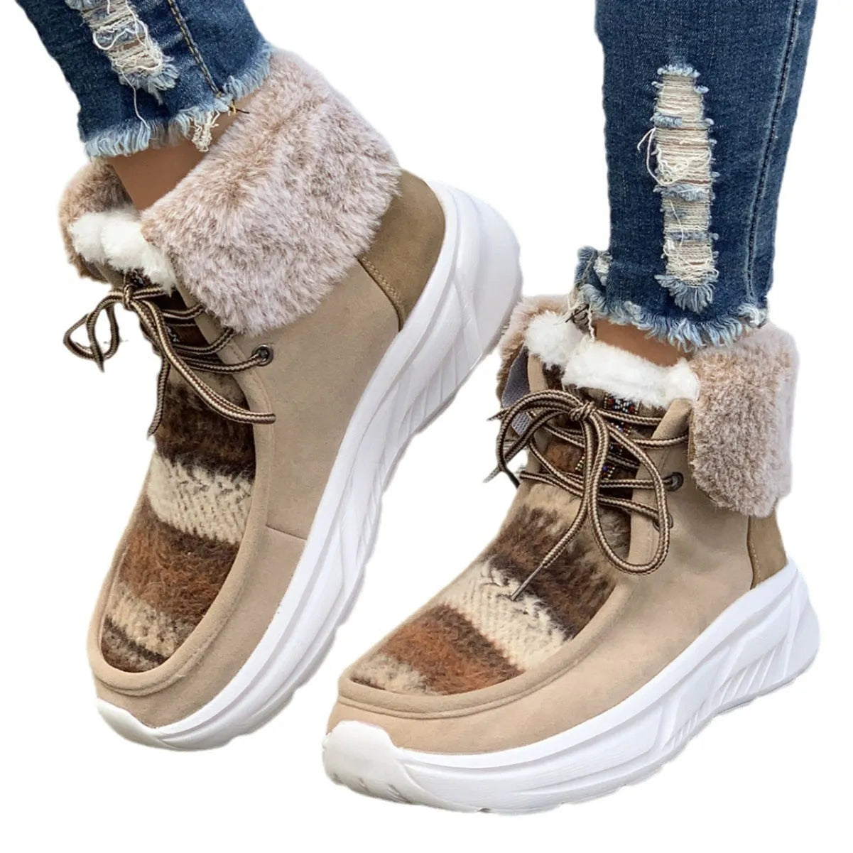 Women's lace-up snow boots in beige with artificial fur lining and platform sole