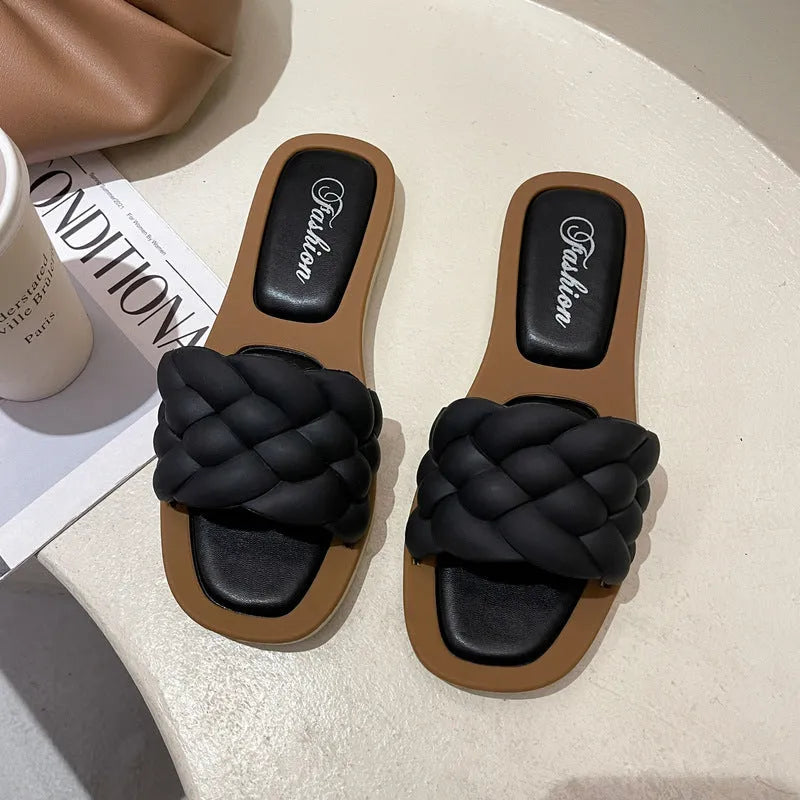 Women's plaid pattern casual sandals with thick PVC anti-skid sole in black, green, orange, and white colours.