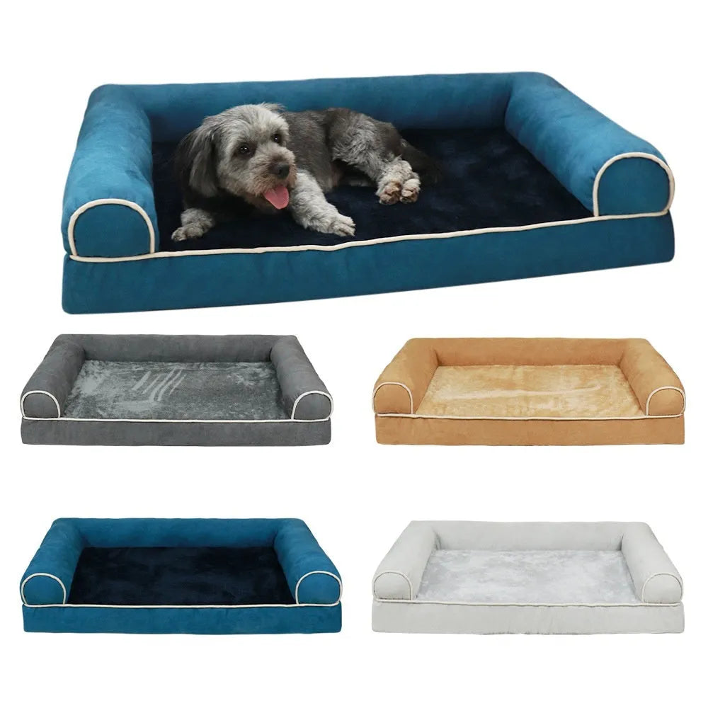 Square-shaped dog bed with sponge filling and breathable cloth cover, shown in blue colour.