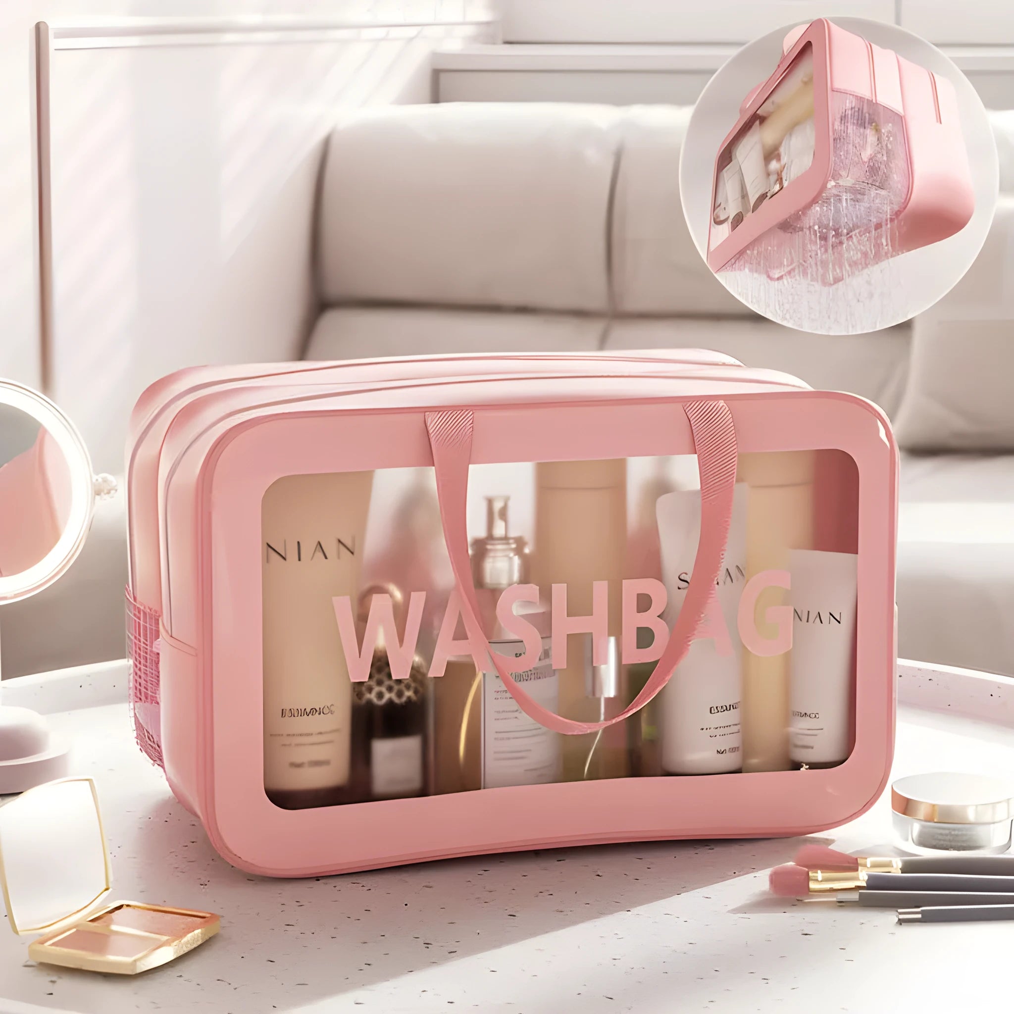 Portable dry wet separation washing and makeup bag in PU PVC with large capacity, available in black medium size.