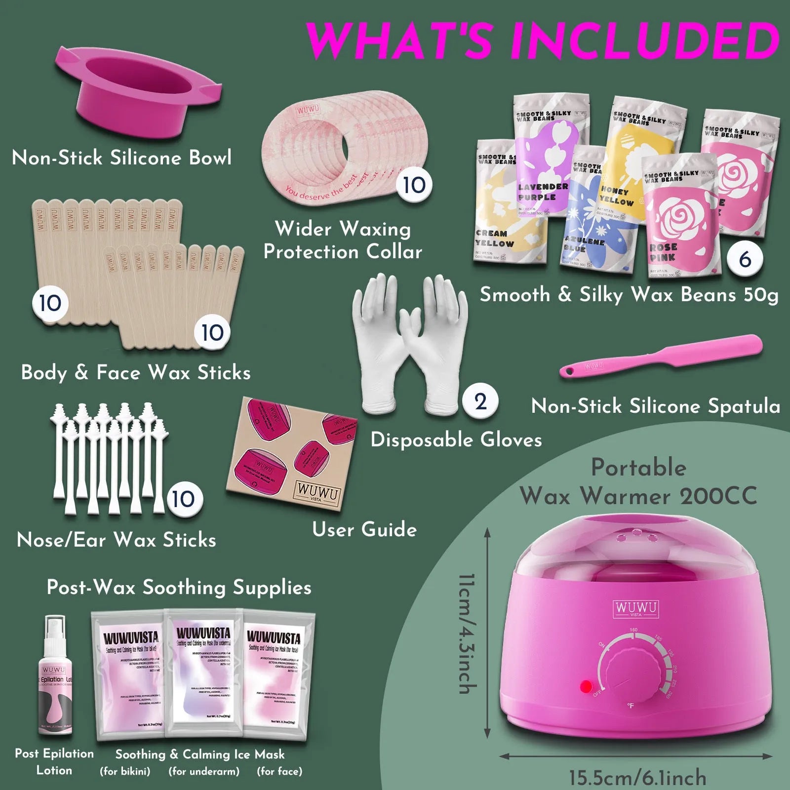 WUWUVISTA 56-piece professional hard wax hair removal kit with wax warmer, beads, applicators and aftercare products