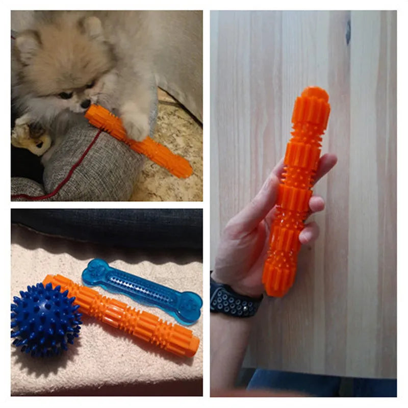 Green and orange rubber dog chew toy with treat dispensing opening and textured teeth cleaning surface