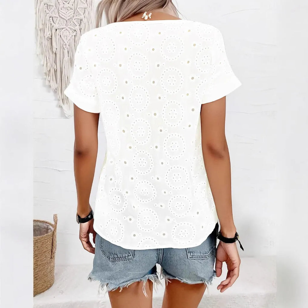 White women's V-neck loose t-shirt with hollow French style detail and short sleeves