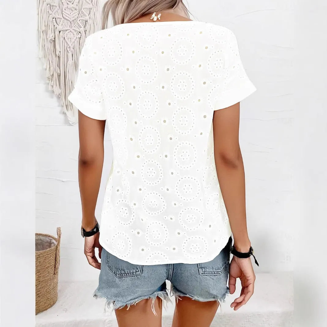 White women's V-neck loose t-shirt with hollow French style detail and short sleeves