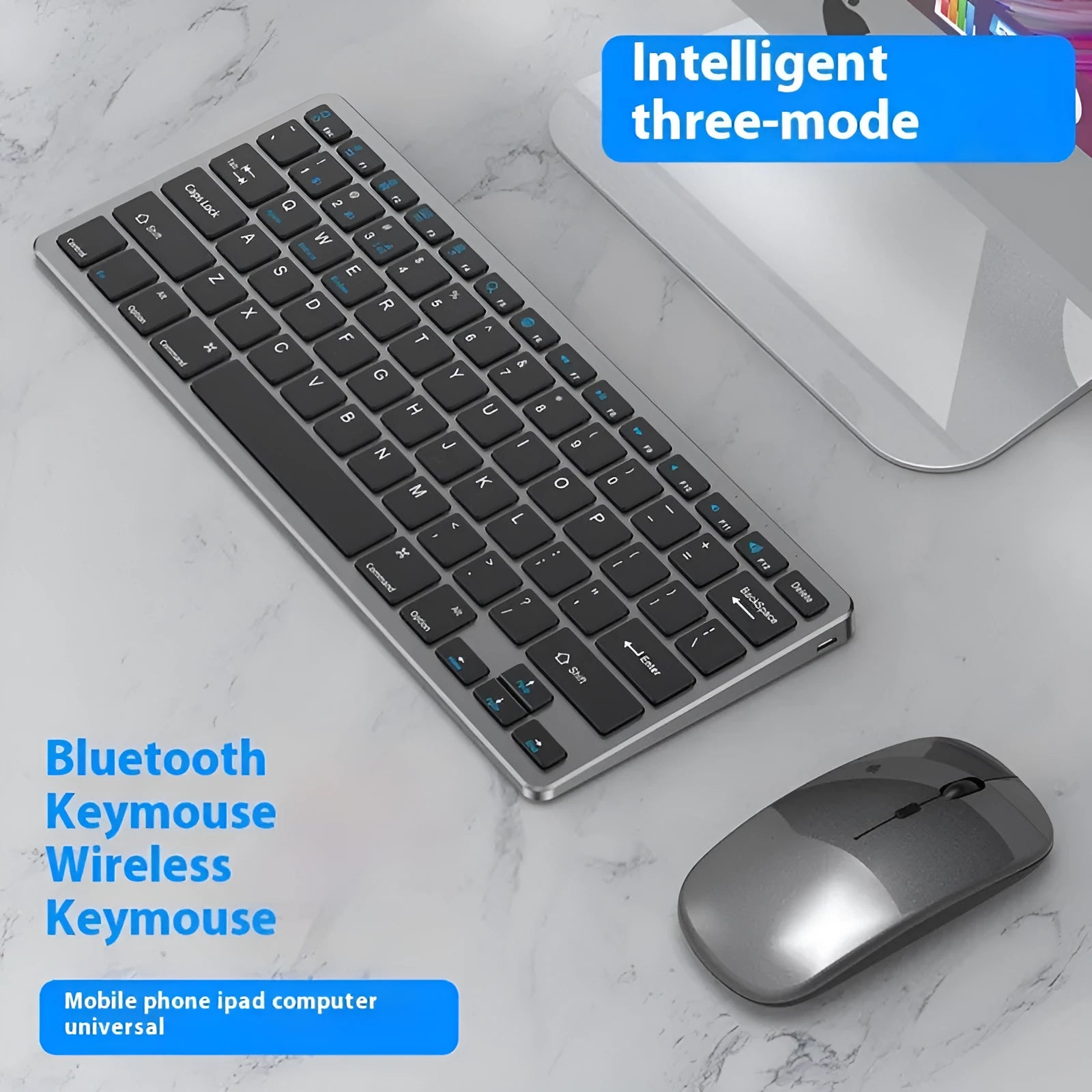 Ultra-thin black wireless keyboard and mouse set with receiver and cover on a desk