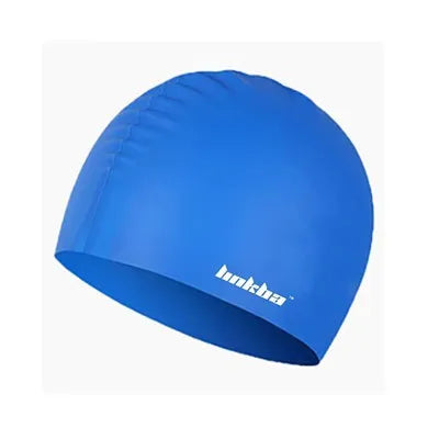 Silicone swimming cap with earmuff design and printed letters, shown in one of five colours: black, white, yellow, blue, or grey.