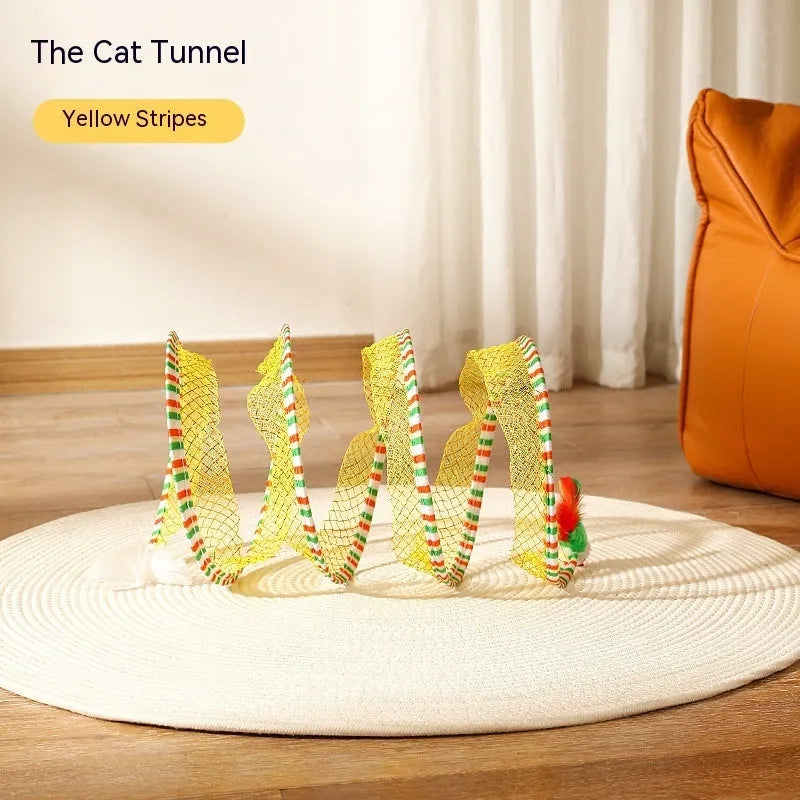 Folded cat tunnel S type in striped pattern with mouse and feather attachments on each end