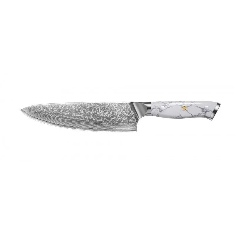 Damascus pattern chef's knife with VG10 steel blade and modern handle on a kitchen counter.
