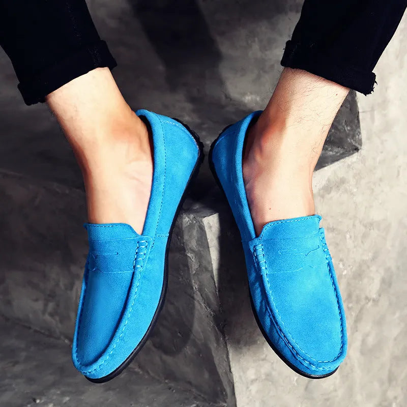 Men's brown suede casual slip-on loafers with a round toe and flat rubber sole