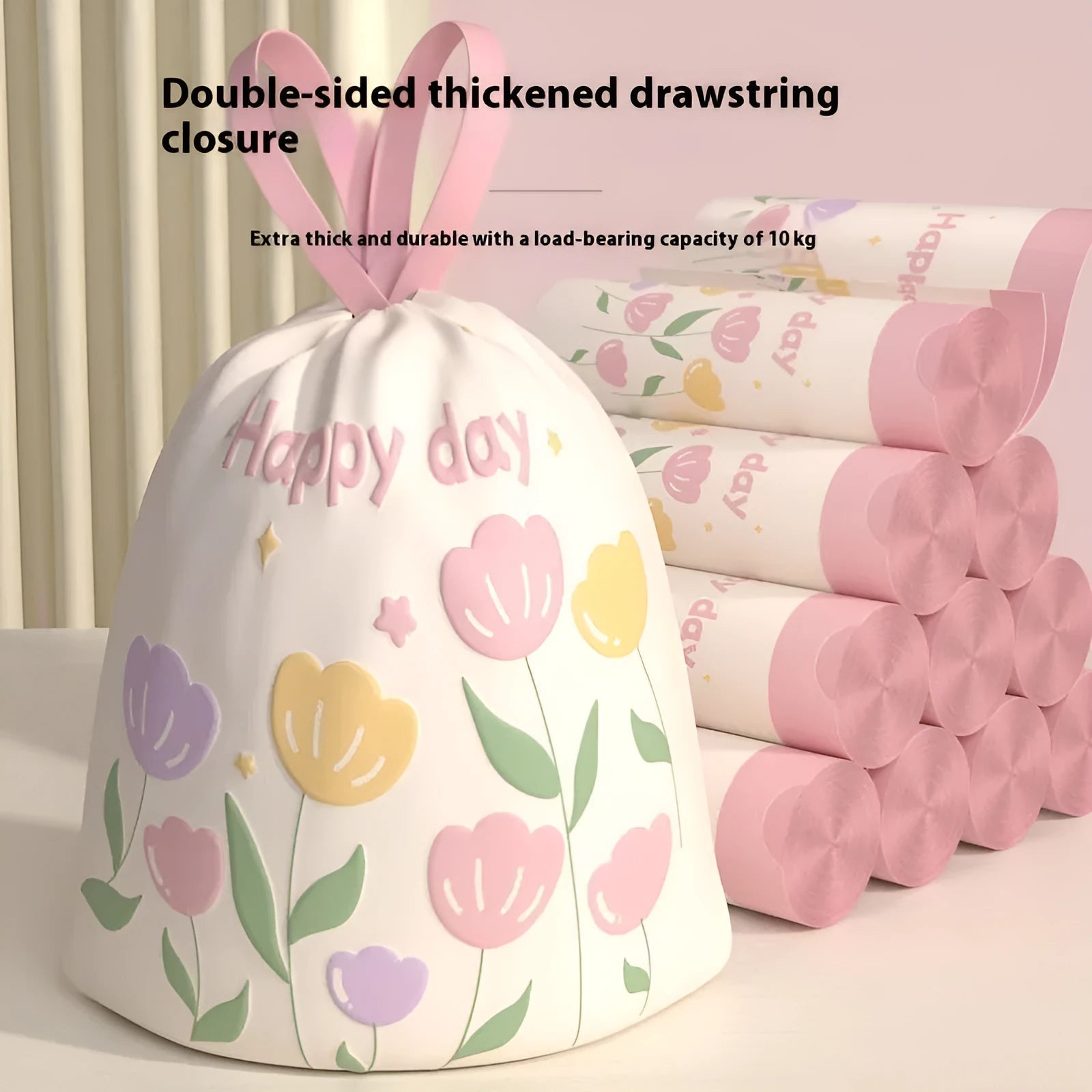 Pink degradable rubbish bags with drawstring closure and argy wormwood mosquito repellent properties