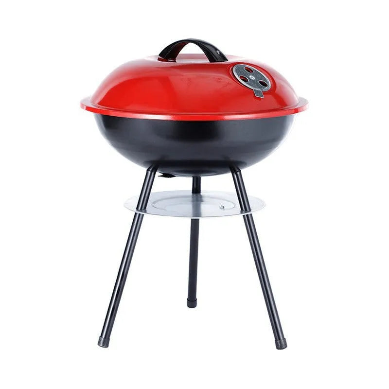 Portable 14-inch iron barbecue grill oven with apple stove design on a neutral background