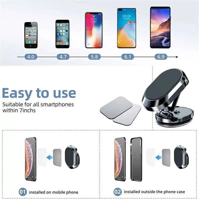 Chrome magnetic car phone holder with foldable bracket on dashboard showing 360-degree rotation