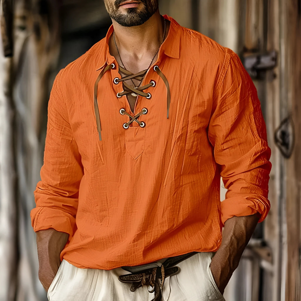 Men's loose fit plus size linen shirt with lapels and lace detailing in a solid colour.