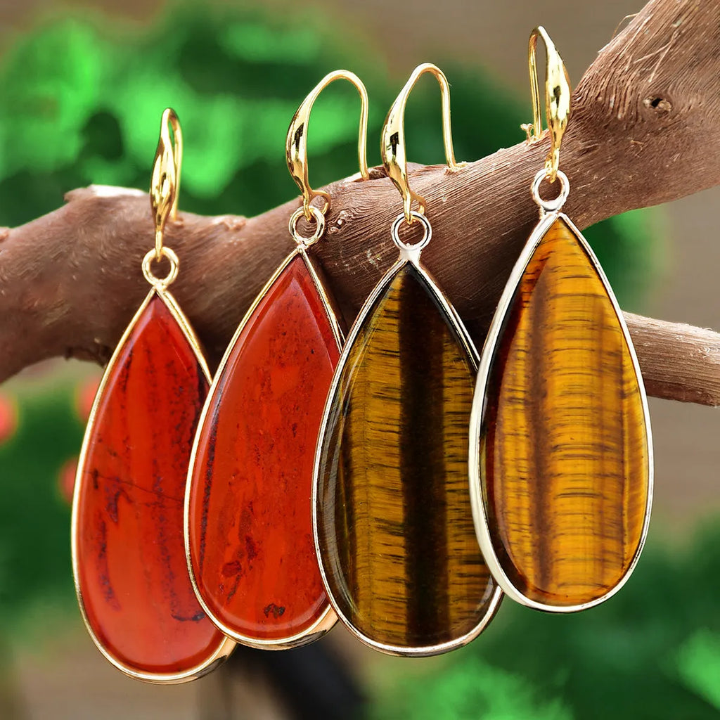 Vintage Tigereye drop-shaped earrings with long water drops design in natural stone