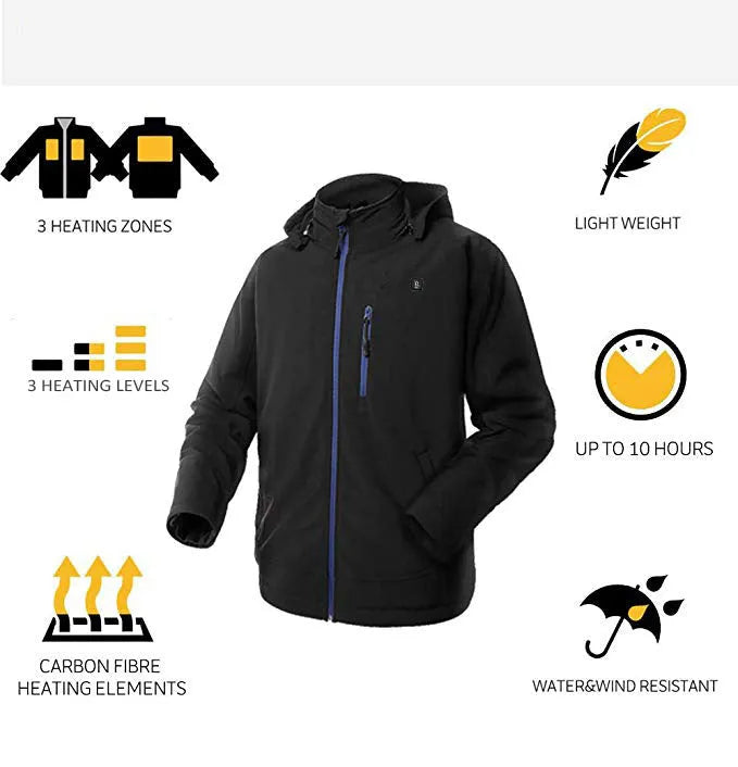 Black USB winter waterproof windproof thermal coat for men with long sleeves and zipper pocket