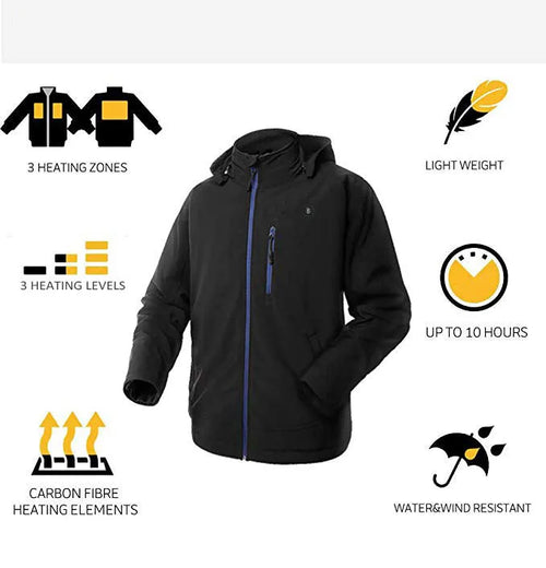 Black USB winter waterproof windproof thermal coat for men with long sleeves and zipper pocket