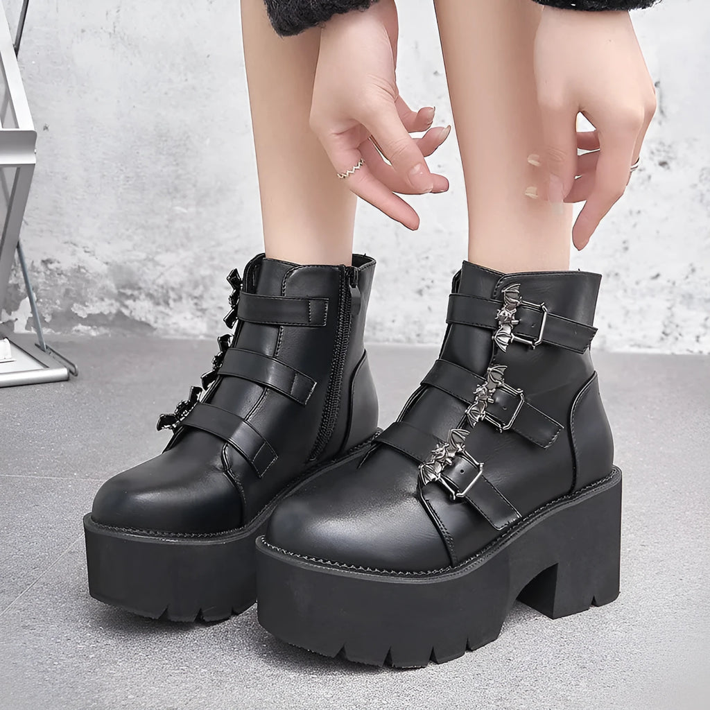 Black Gothic short boots with bat buckle, thick heel, and side zipper for Harajuku punk style