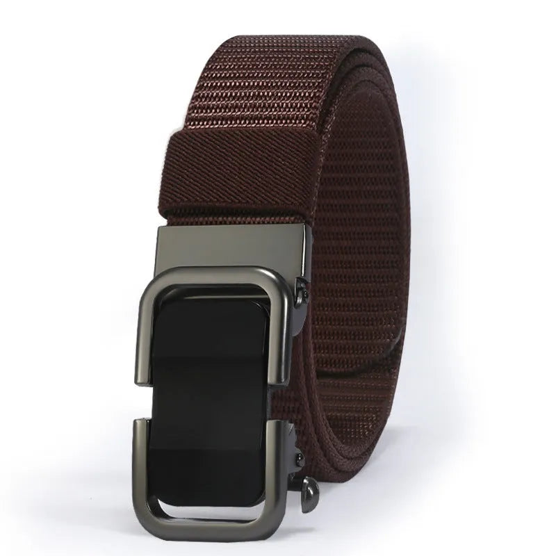Men's nylon canvas belt with toothless alloy buckle shown in multiple colour options.