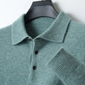 Men's wool polo collar pullover sweater in noble blue colour, showing long sleeves and collar detail.