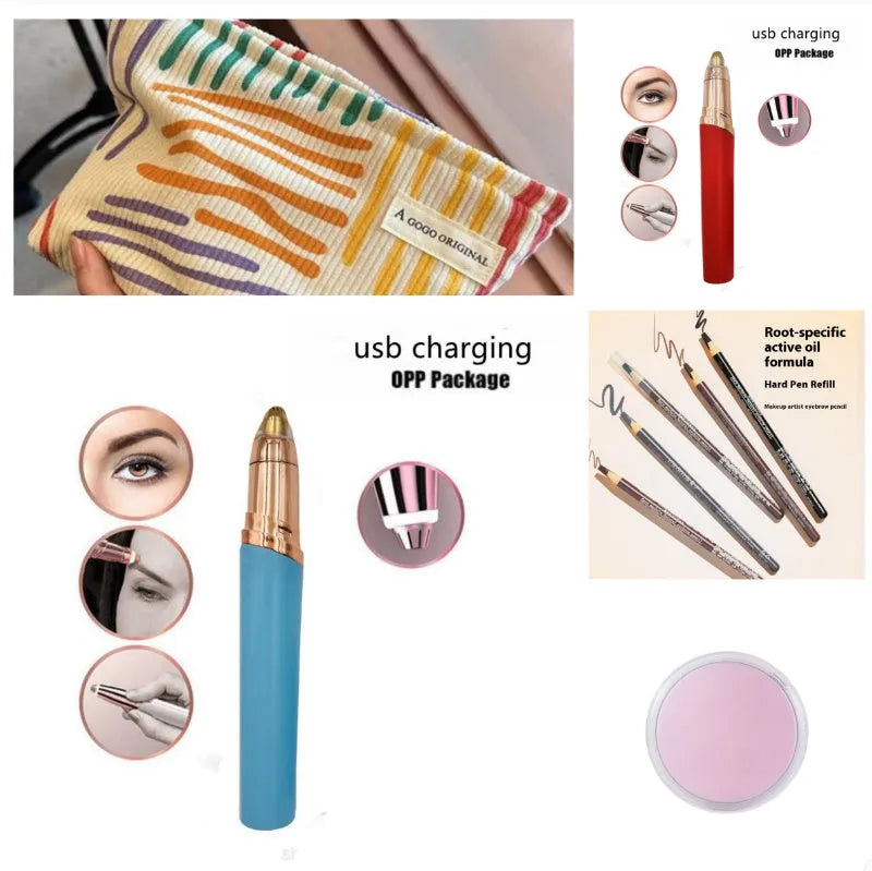 Eyebrow epilator pen with gold plated head and LED light on pink background