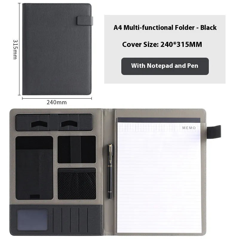Black leather A4 business folder with pen holder and notepad accessories
