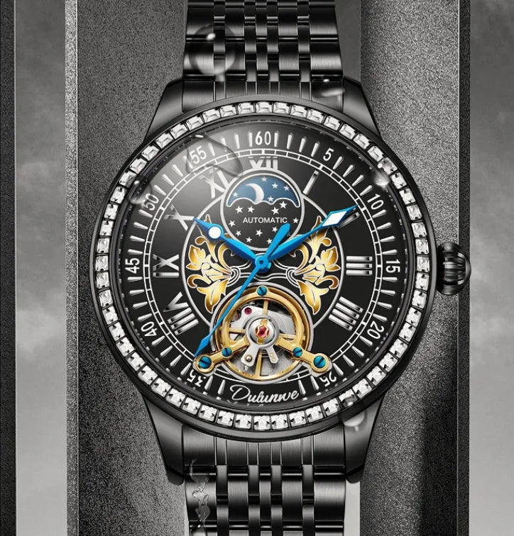 Men's waterproof mechanical watch with stainless steel case, transparent back showing movement, and mineral glass crystal.
