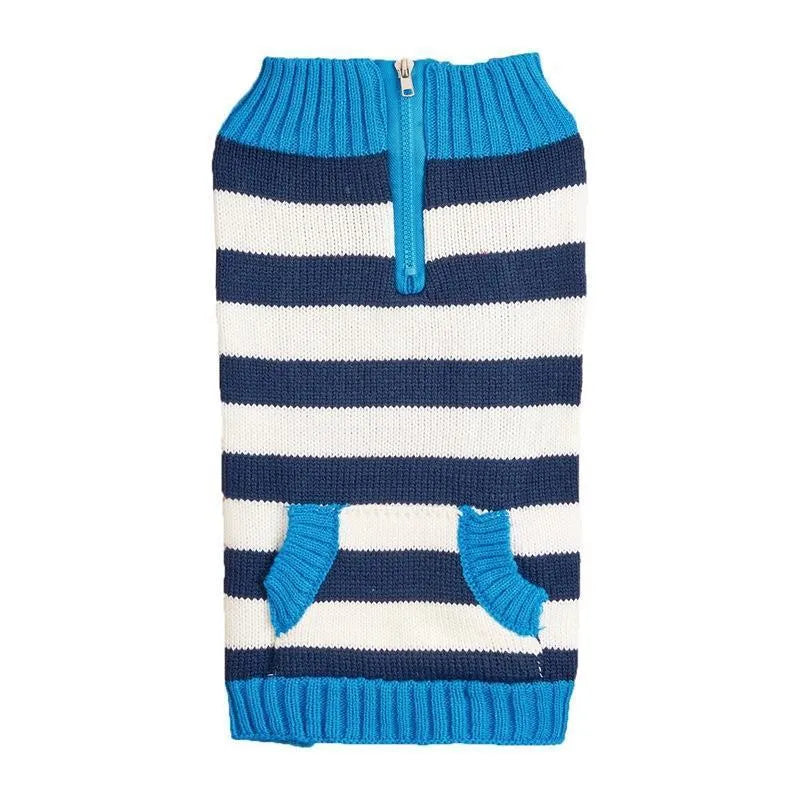 Grey acrylic dog sweater with horizontal blue zipper and button pocket for small medium dogs