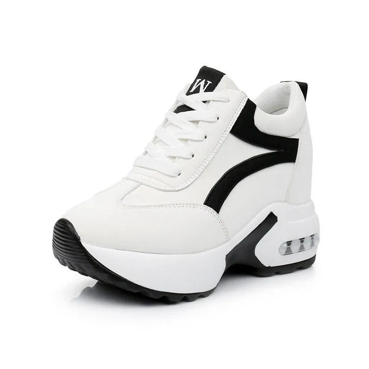 Women's wedge platform height increasing shoes with PU upper, round toe, 6-8cm heel, available in white, black and pink